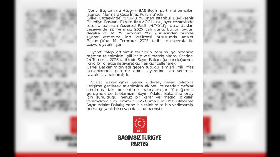BTP lideri Hseyin Ban Ekrem mamolu ve Fatih Altayl ziyaretlerine izin kmad